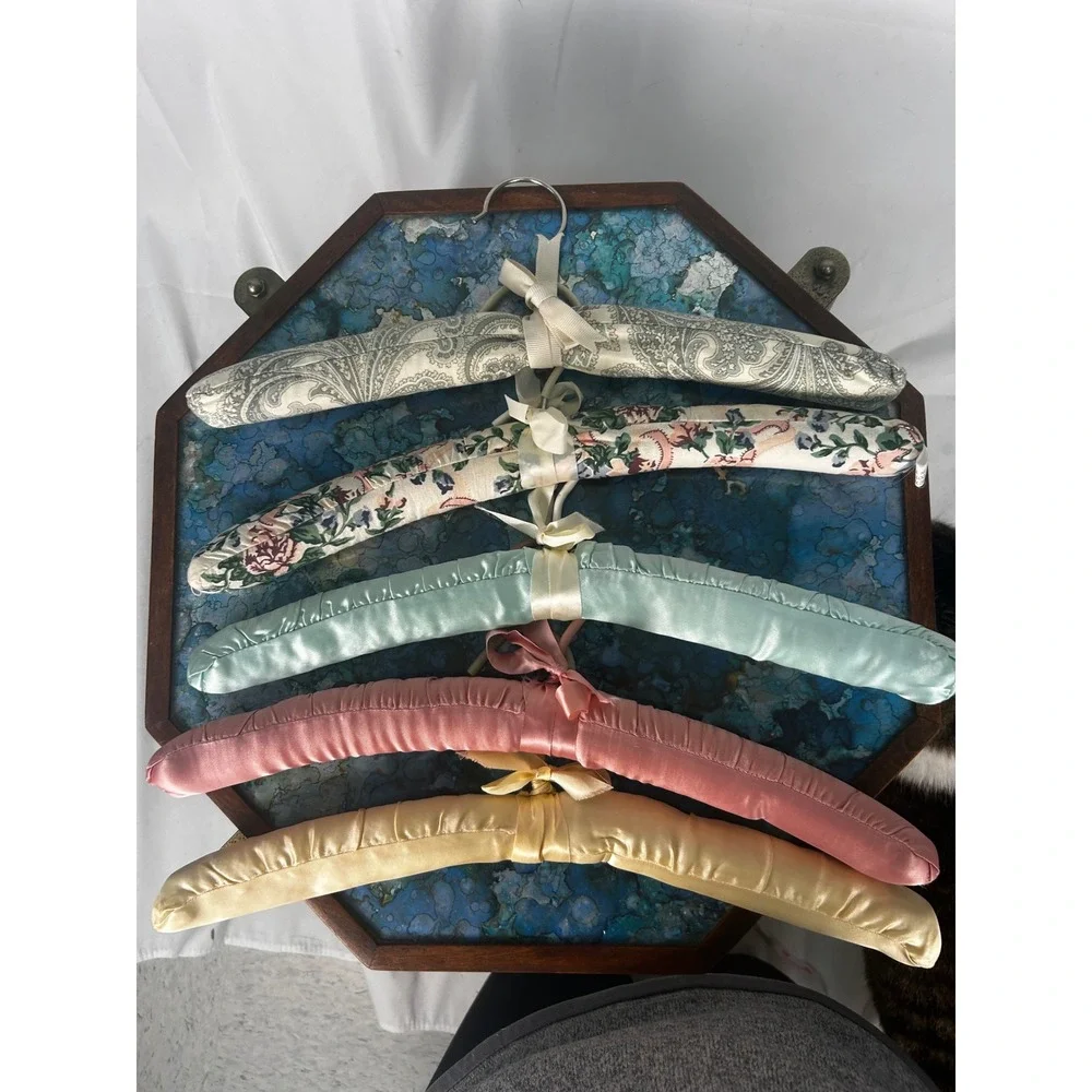 Vintage Satin Padded Clothes Hangers Set of 5 Pastel Fabric Garment Hangers